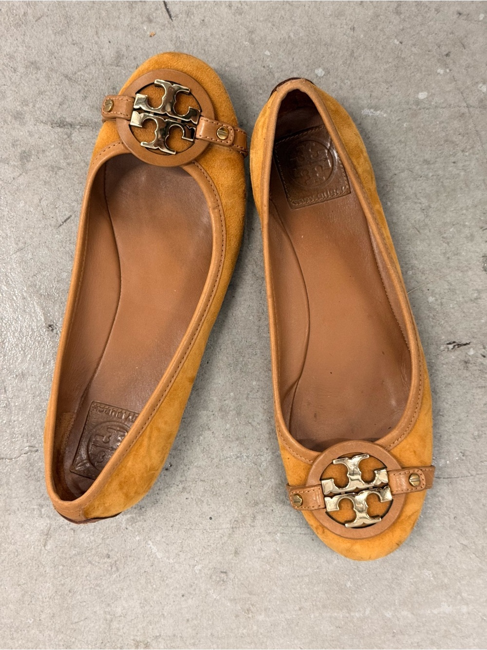 Tory Burch Mustard/Tan Suede Logo Ballet Flats